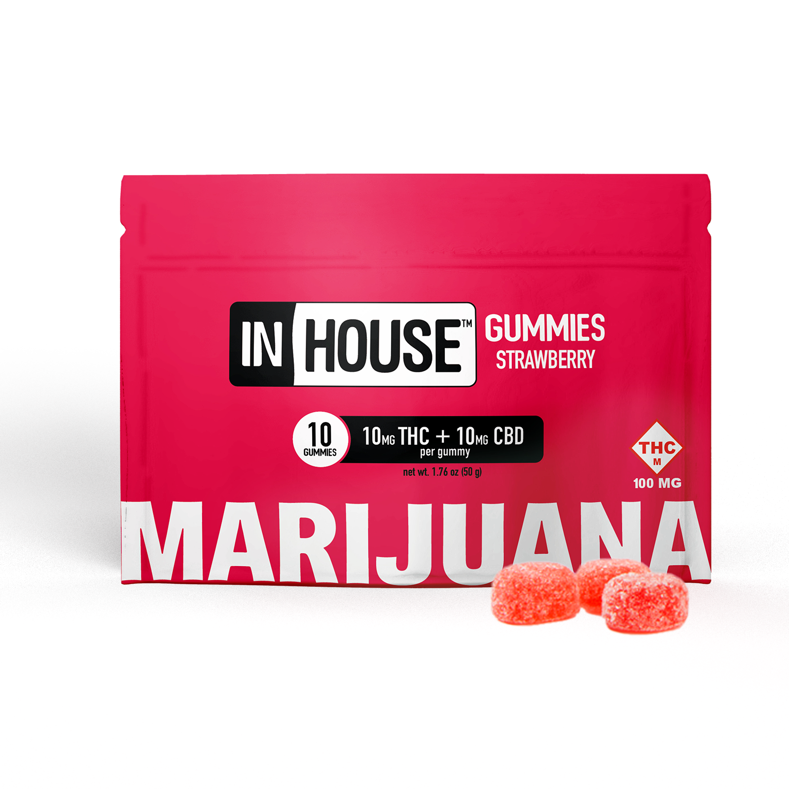 Photograph of product: INHOUSE - GUMMIES - 100MG CBD / 100MG TH-oui - 10PK - STRAWBERRY
