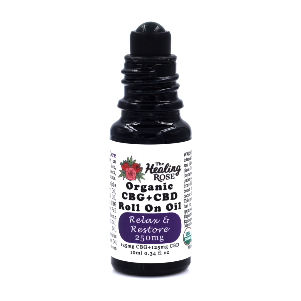 Photograph of product: 250mg CBD - Organic Relax & Restore CBG+CBD Roll On Oil - The Healing Rose