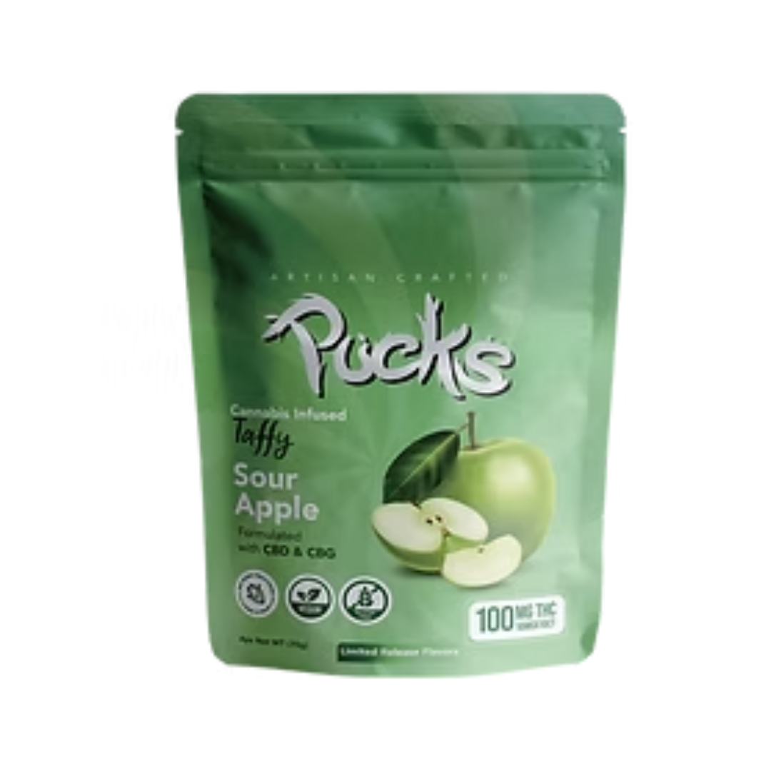 Photograph of product: Pucks - Sour Apple Taffy - 100mg