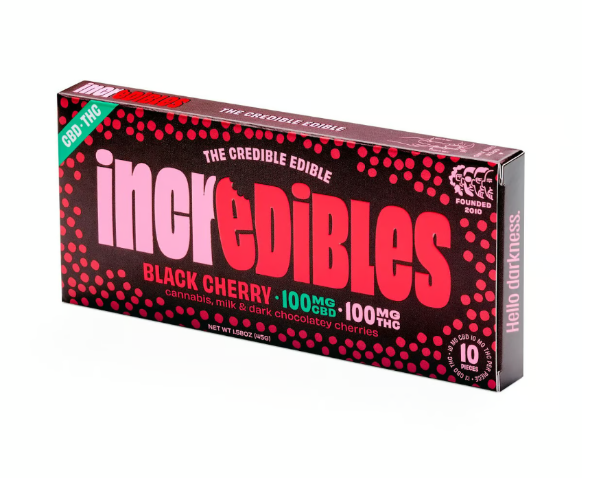 Photograph of product: Incredibles Black Cherry 1:1 TH-oui:CBD Bar 5mg 20pc