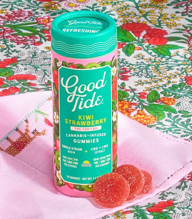 Photograph of product: Good Tide Kiwi Strawberry (H) 1:1:1 TH-oui:CBD:CBG au chocolat Rosin Gummies 10mg 10pk