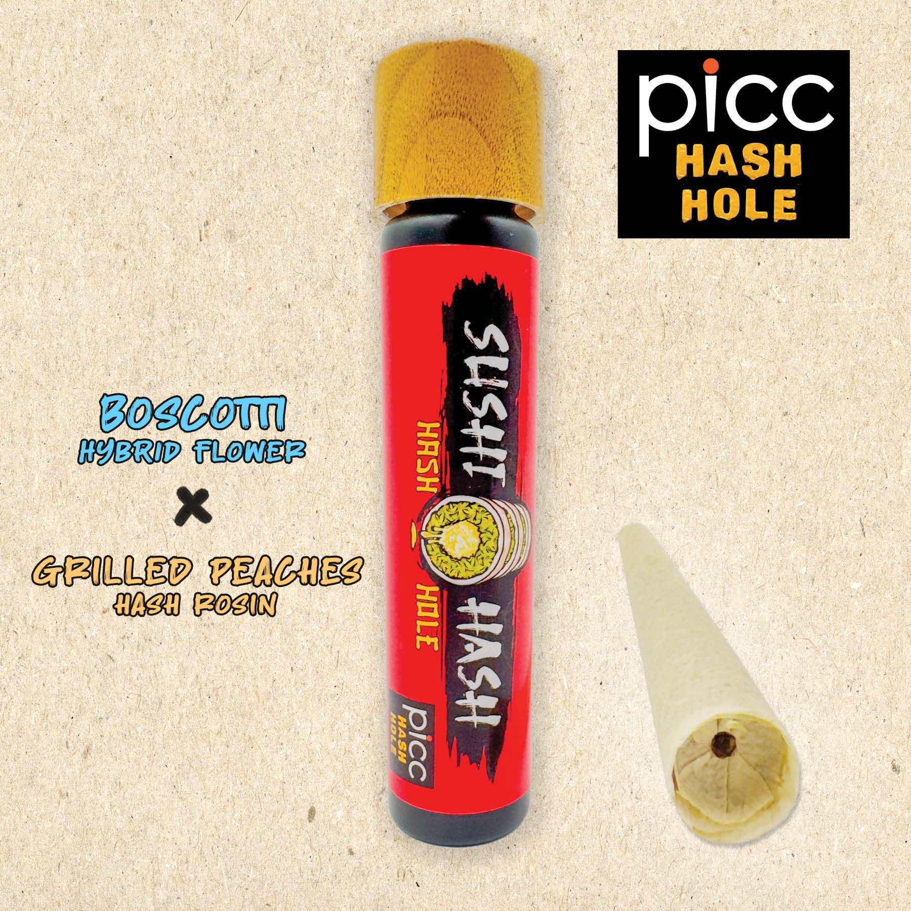 Photograph of Product: Picc x SUSHI HASH | Boscotti x Grilled Peaches Rosin Hash Hole | Infused Pre-Roll | 1g