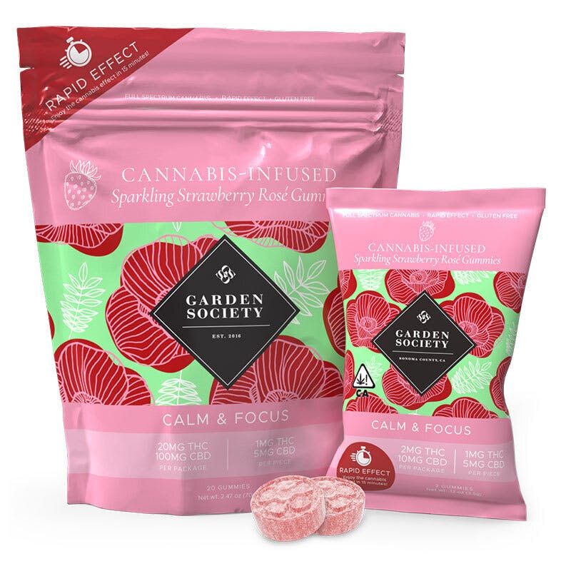 Photograph of product: Garden Society 1:5 Sparkling Rose 100mg Gummies (Kiva)