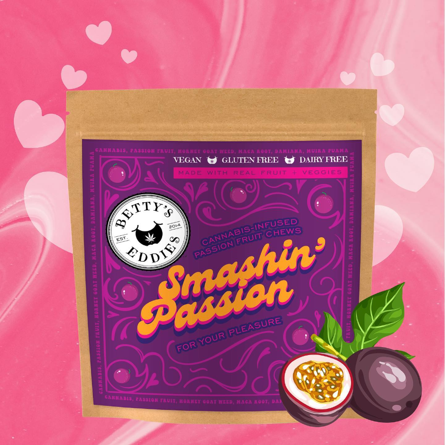 Photograph of product: Betty's Eddies 10mg Passion Fruit Smashin' Passion Chews - 100mg