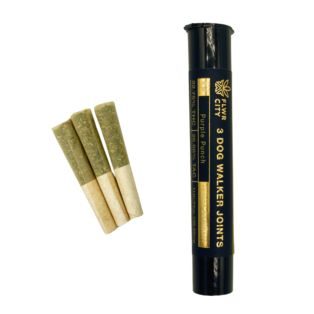 Photograph of product: FLWR CITY |  0.35g Dogwalker Pre roll joints 3pk | Purple Punch