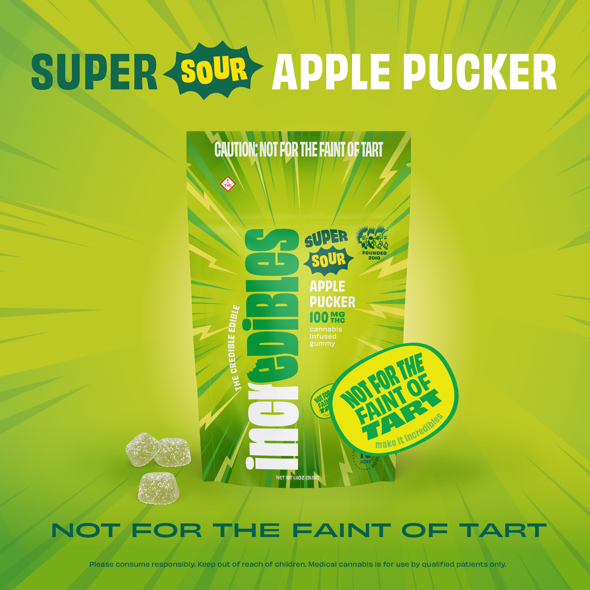 Photograph of product: Incredibles 100mg Gummies -Super Sour Apple