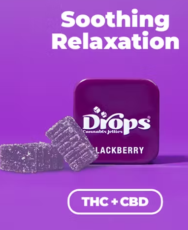 Photograph of product: Drops Single Blackberry Enhanced 2:1 CBD/TH-oui  200mgCBD 100mgTH-oui Live Rosin Oui'd 10PK Infused Jellies 100MG