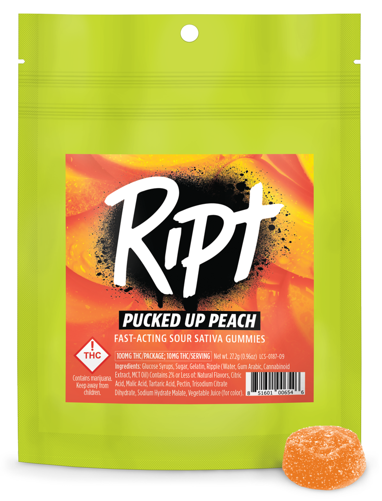 Photograph of product: Ript Pucked Up Peach Oui'd Gummies 100mg