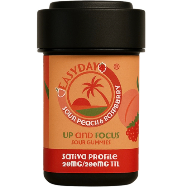 Photograph of product: Easyday Edibles Chews: Sour Peach & Raspberry: Up & Focus 20mg (200mg/10pk)