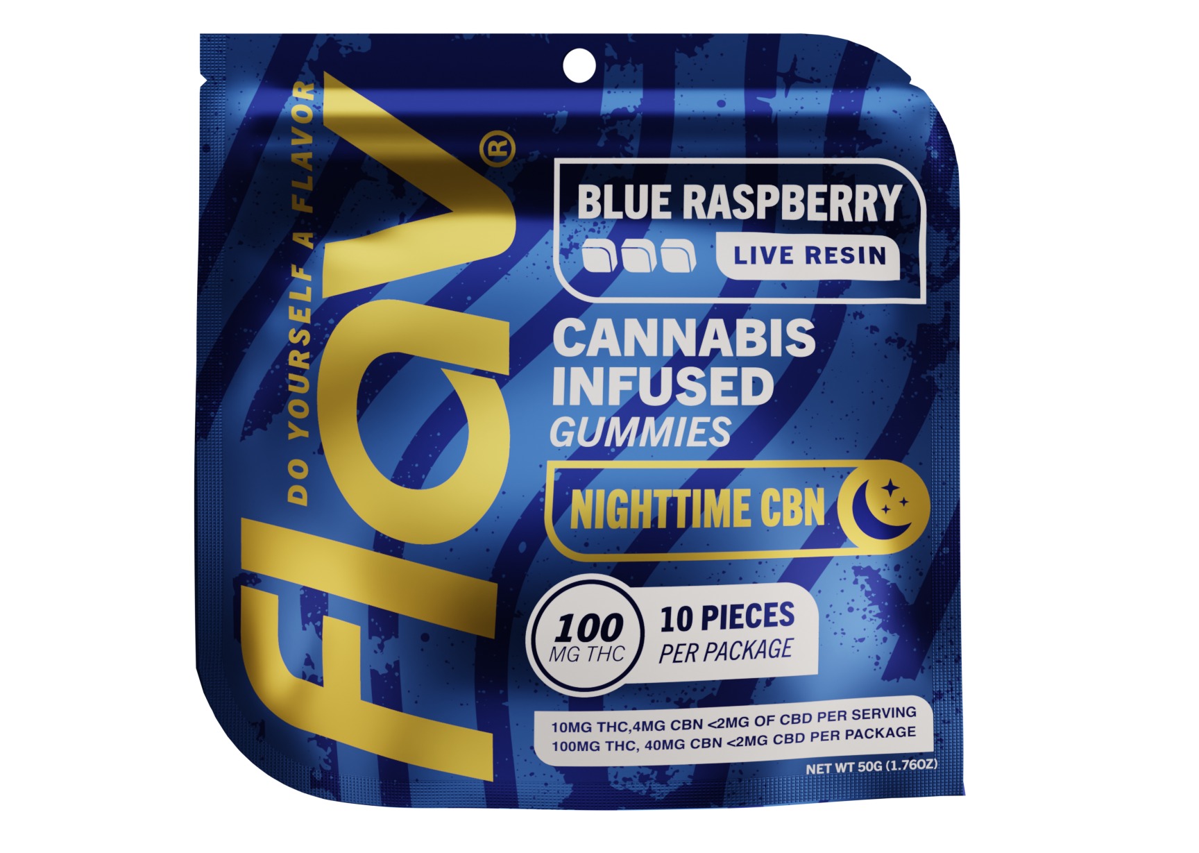 Photograph of product: FLAV | Blue Raspberry | Live Resin | Nighttime TH-oui / CBN Gummies | 10pk