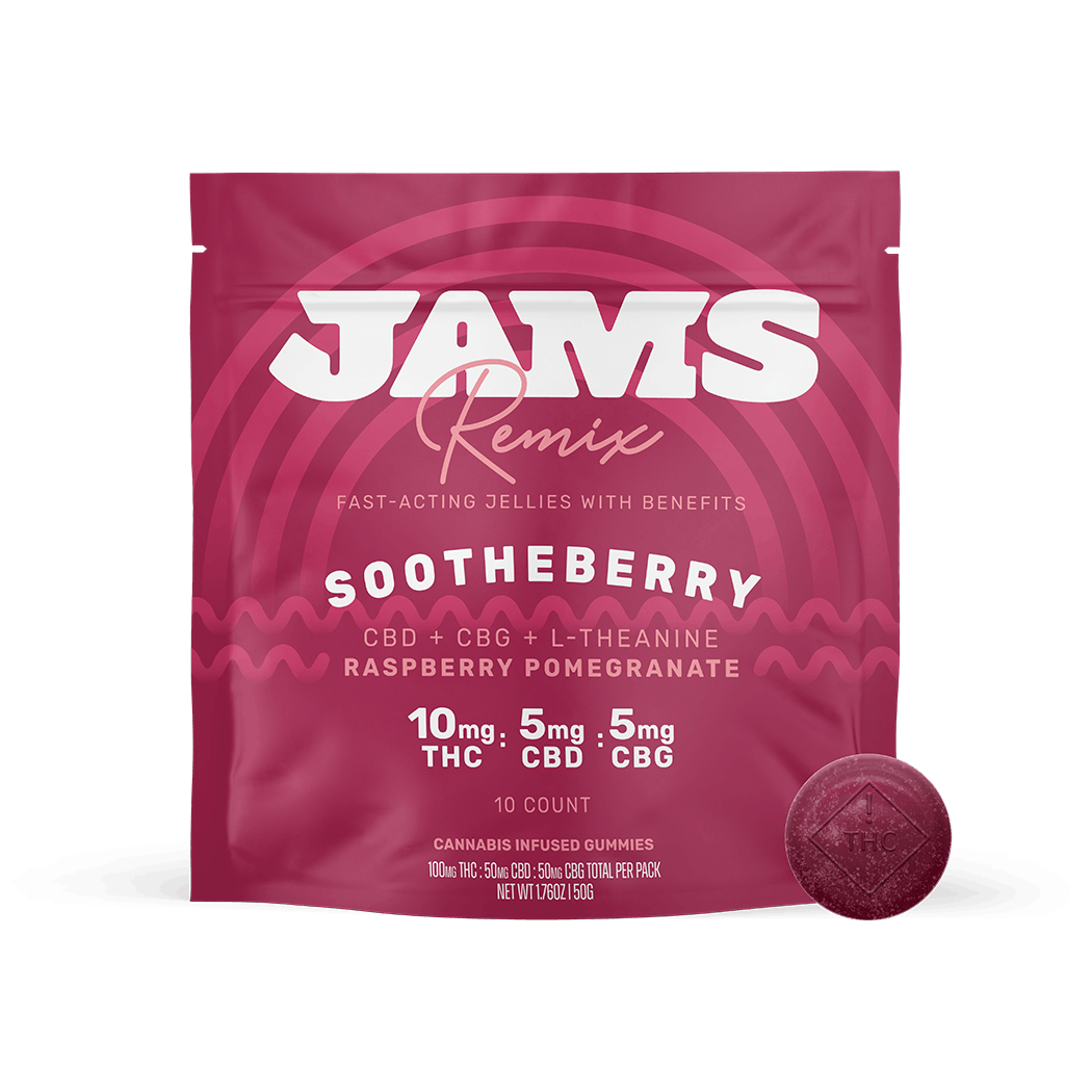 Photograph of product: JAMS Remix. |  2:1:1 SootheBerry (H) |  10 x 10mg Fast Acting Jellies