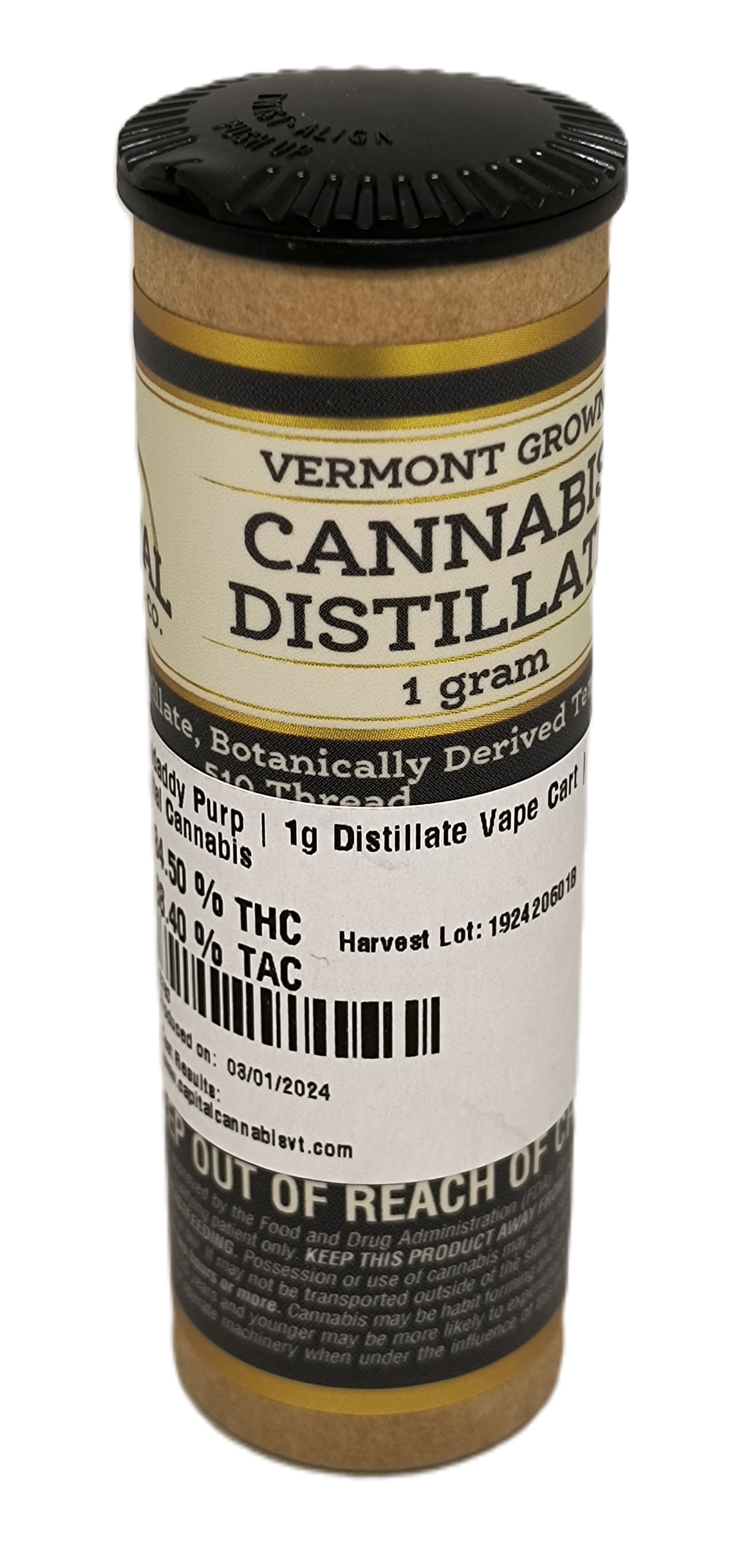 Photograph of product: Grandaddy Purp Distillate Vape Cart | Capital Oui'd