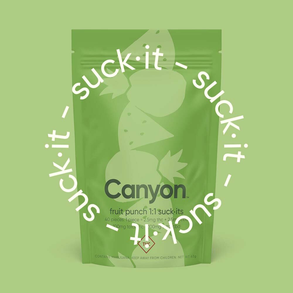 Photograph of product: Canyon - Suck iT - Fruit Punch - 1:1 TH-oui:CBD -  100mg TH-oui - 2.5mg x 40