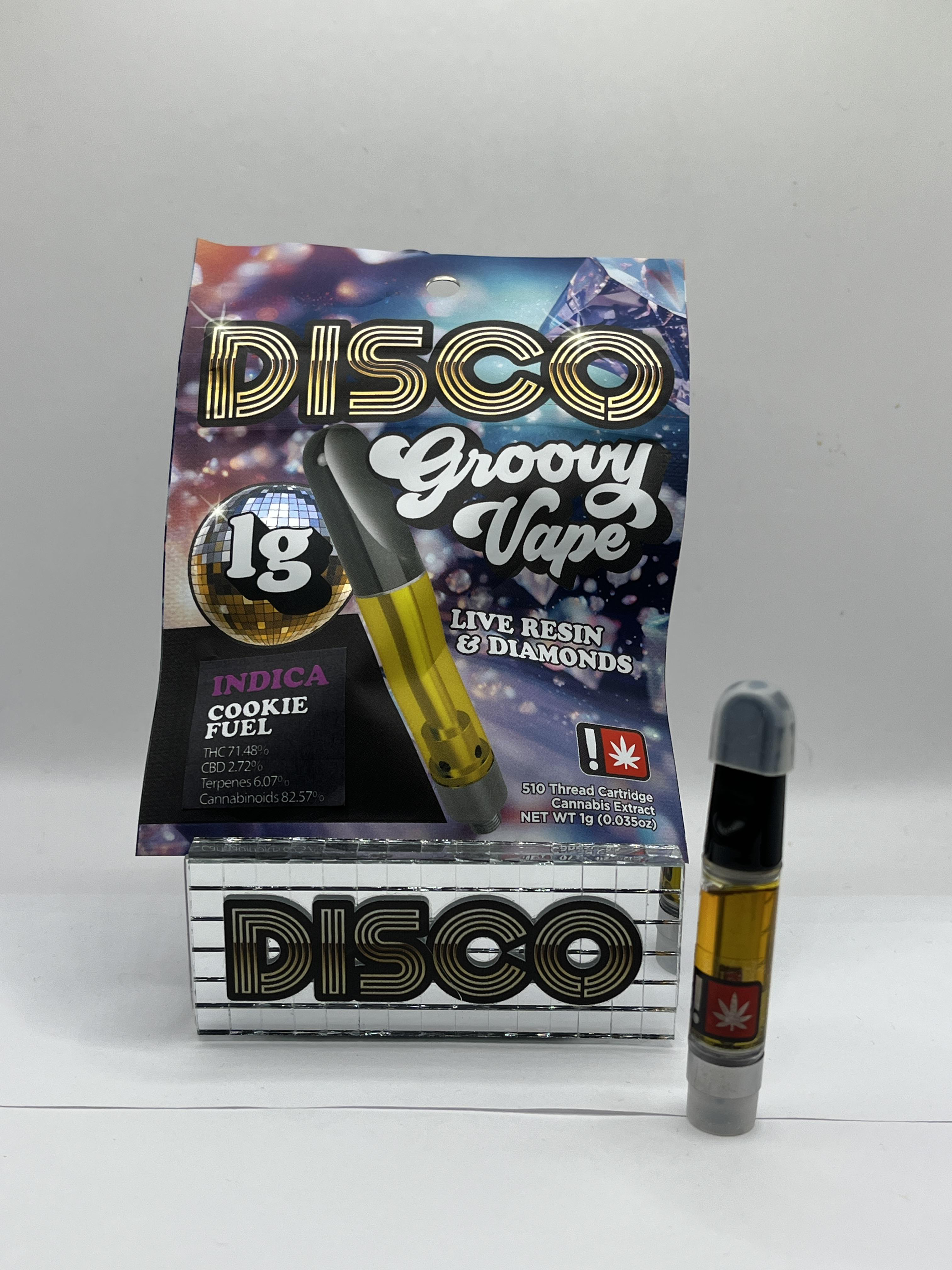 Photograph of product: Cartridge ~ Disco Dabs ~ Live Resin & Diamonds ~ Hybrid ~ Sour Kush