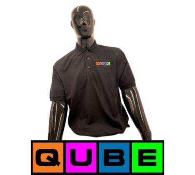 Photograph of product: Qube | Black Polo Shirt | Color Logo | Medium