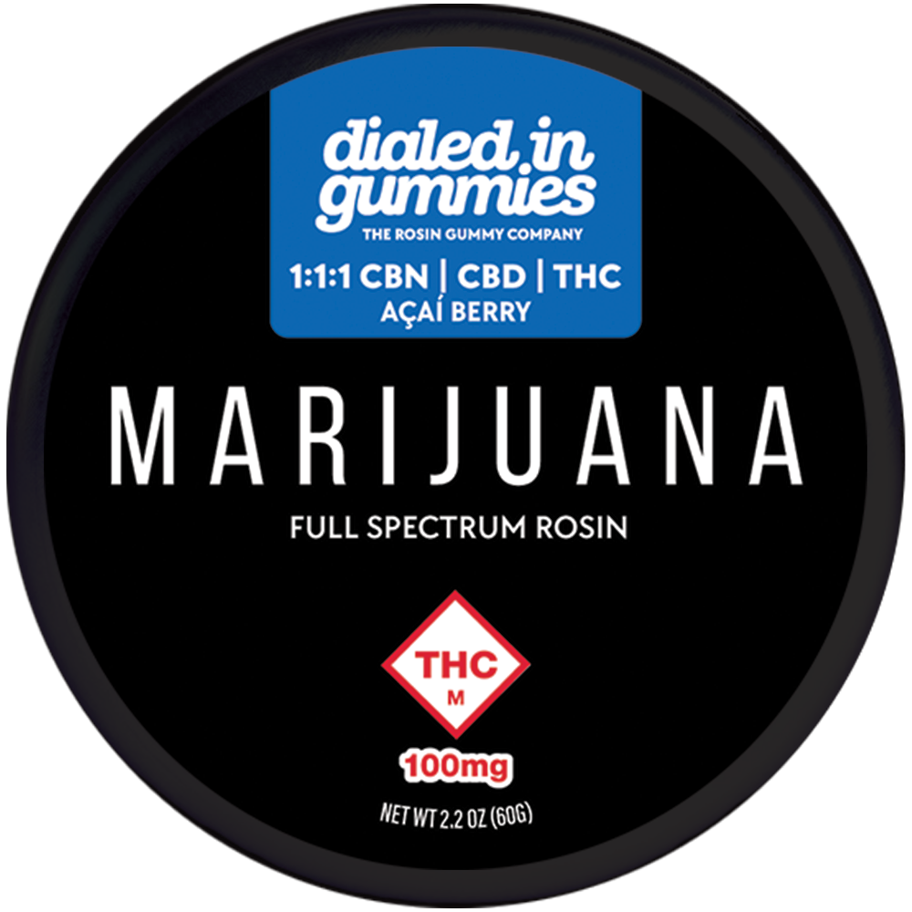 Photograph of product: Dialed In: Rosin Gummies | Acai Berry Sleep 1:1:1 | 100mg TH-oui : 100mg CBD : 100mg CBN | 10pk
