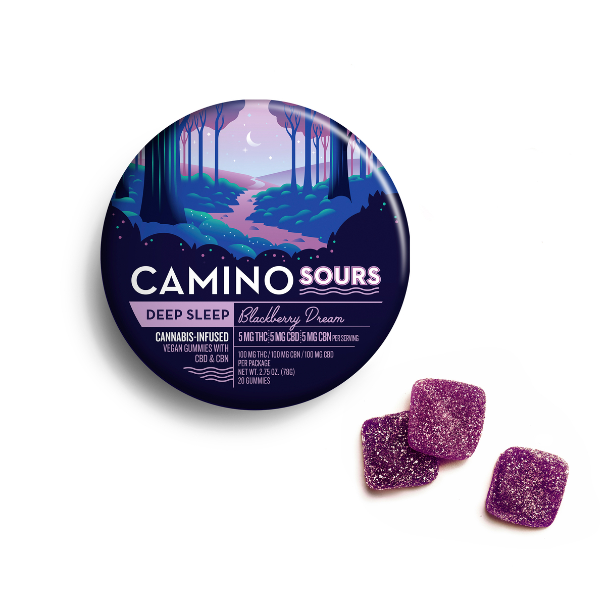 Photograph of product: 3/$60+ | Camino | Sours Blackberry Dream | 5:5:5 Deep Sleep Gummies | 20 Pack