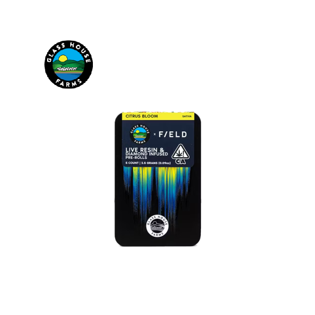 Photograph of product: GLASS HOUSE X F/ELD CITRUS BLOOM 2.5G RESIN INFUSED 5 PACK PREROLLS
