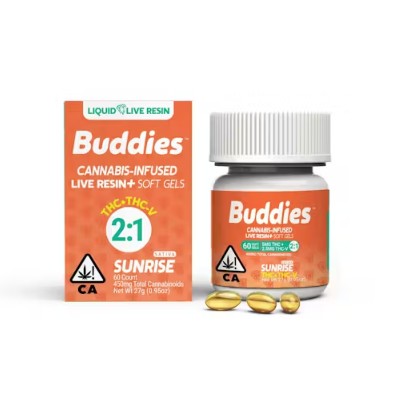 Photograph of product: BUDDIES | SUNRISE 2:1 TH-oui/TH-ouiV (S)  | LIVE RESIN SOFGELS |  60CT BOTTLE | 450MG |