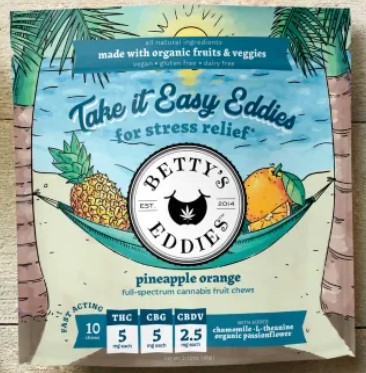 Photograph of product: Betty's Eddies Take it Easy Eddies for Stress Relief 50mg 10pk - Pineapple Orange Chews