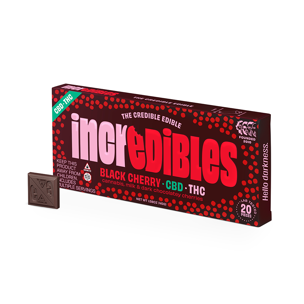 Photograph of product: Black Cherry Chocolate Bar 1:1 CBD | 20pk