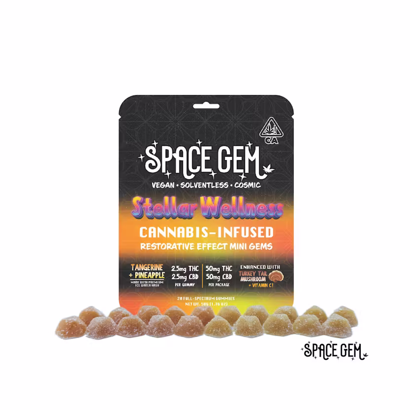 Photograph of product: Space Gem Tangerine and Pineapple Restorative Effect with Turkey Tail Mushroom Mini Effects 1 CBD: 1 THC (2.5mg x 20ct) 50mg