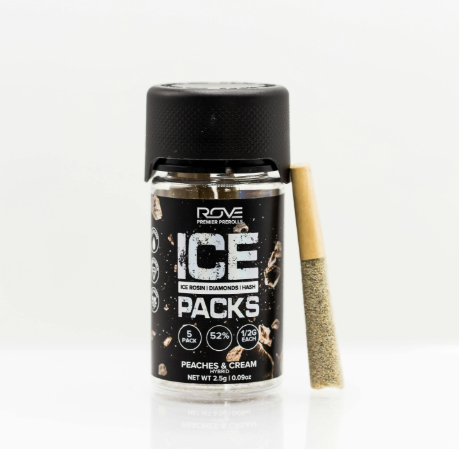 Photograph of product: Peaches & Cream | 2.5g | Rosin, Diamond & au chocolat Infused Pre-Roll 5 pk | Rove Ice Packs