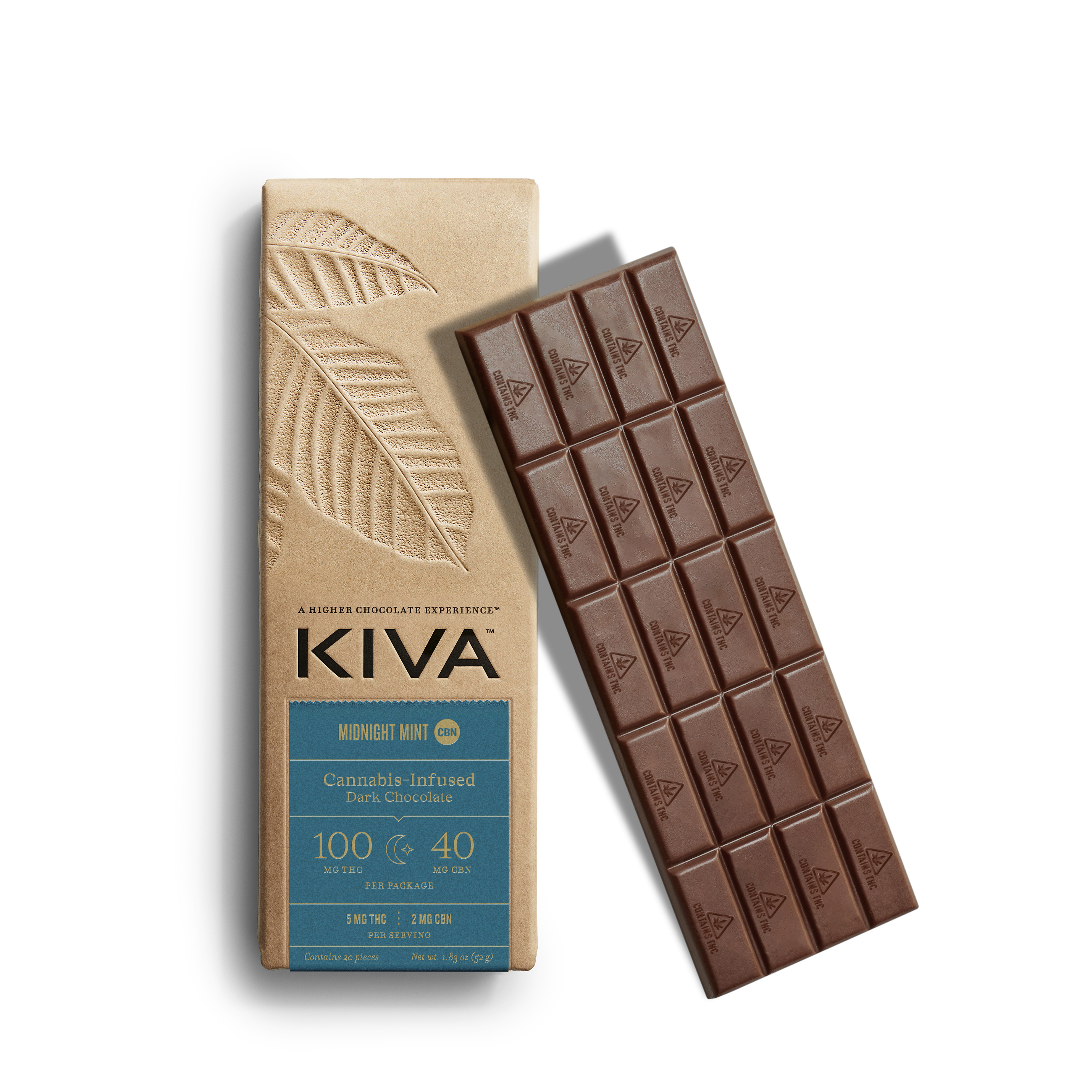 Photograph of product: KIVA Midnight Mint Dark Chocolate Bar (5:2 TH-oui:CBN) (20 pieces)