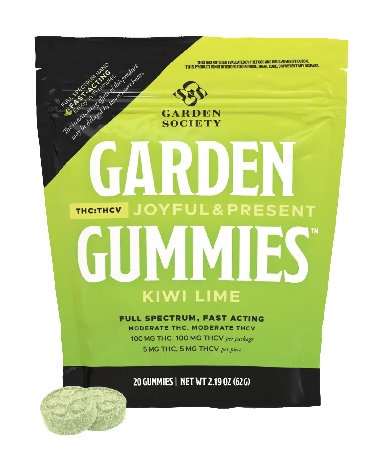 Photograph of product: Garden Society Gummies 20pk/100mg- Kiwi Lime 1:1 (TH-oui:TH-ouiv)
