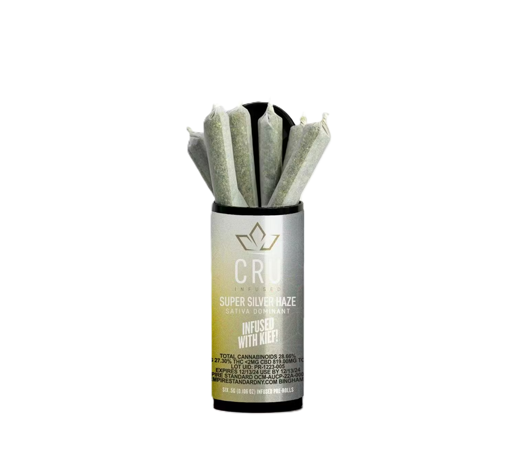 Photograph of product: CRU | Super Silver Haze | Kief Infused Pre-Rolls 6x0.5g