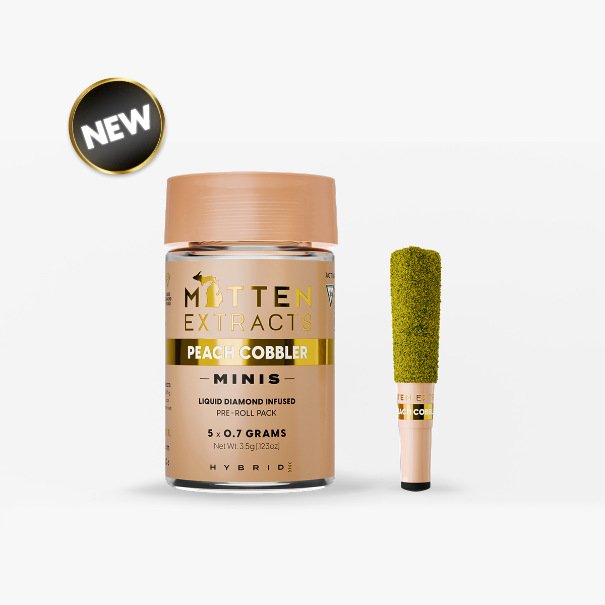 Photograph of product: Mitten Extracts - Liquid Diamond Pre-roll 0.7g - 5pk - Peach Cobbler - Hybrid