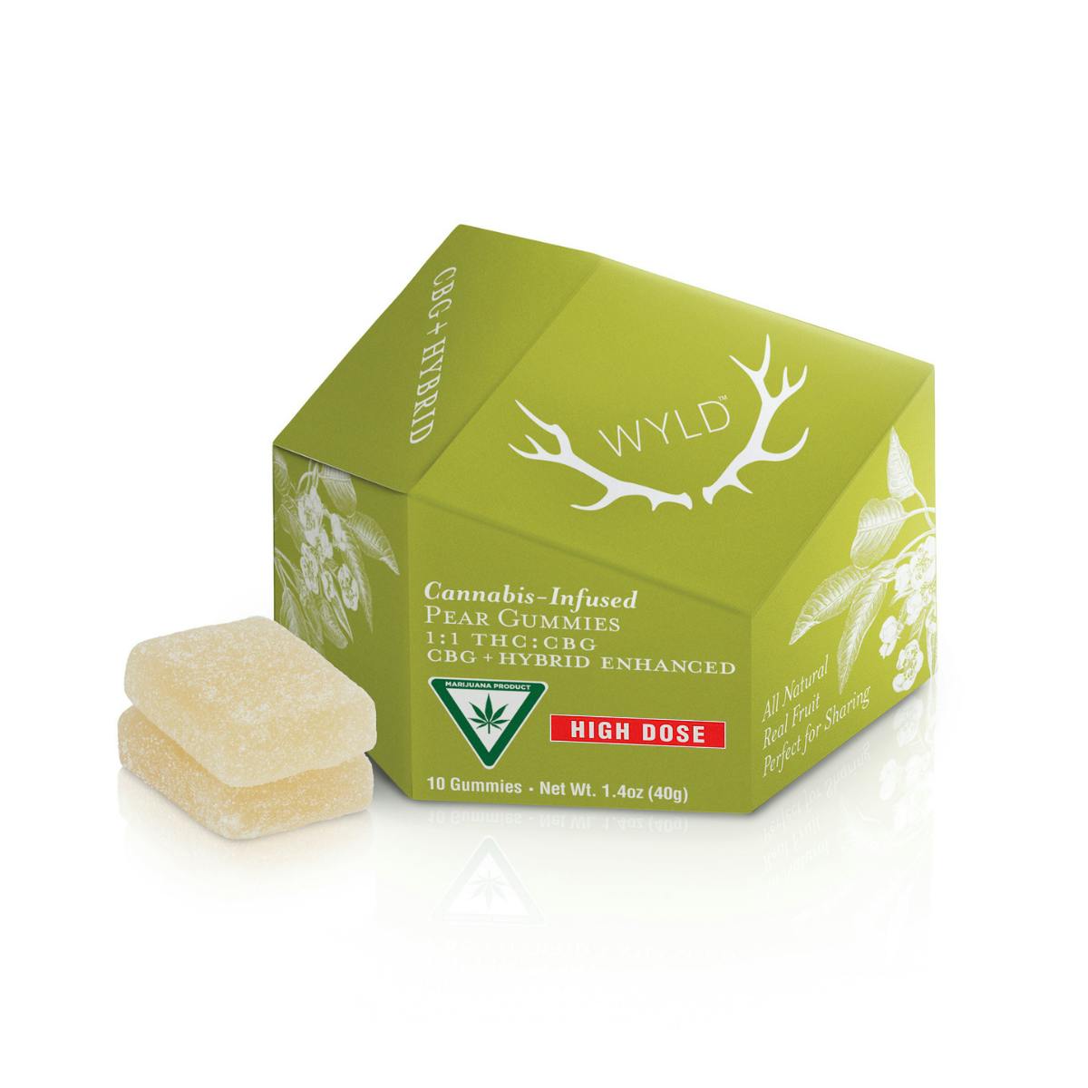 Photograph of product: WYLD | Pear 1:1 | TH-oui:CBG Gummies | 200mg:200mg
