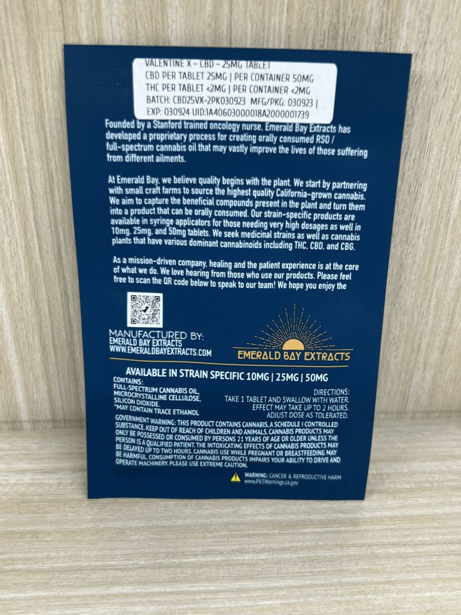 Photograph of product: Emerald Bay Valentine X CBD 25mg RSO Tablet 2pack