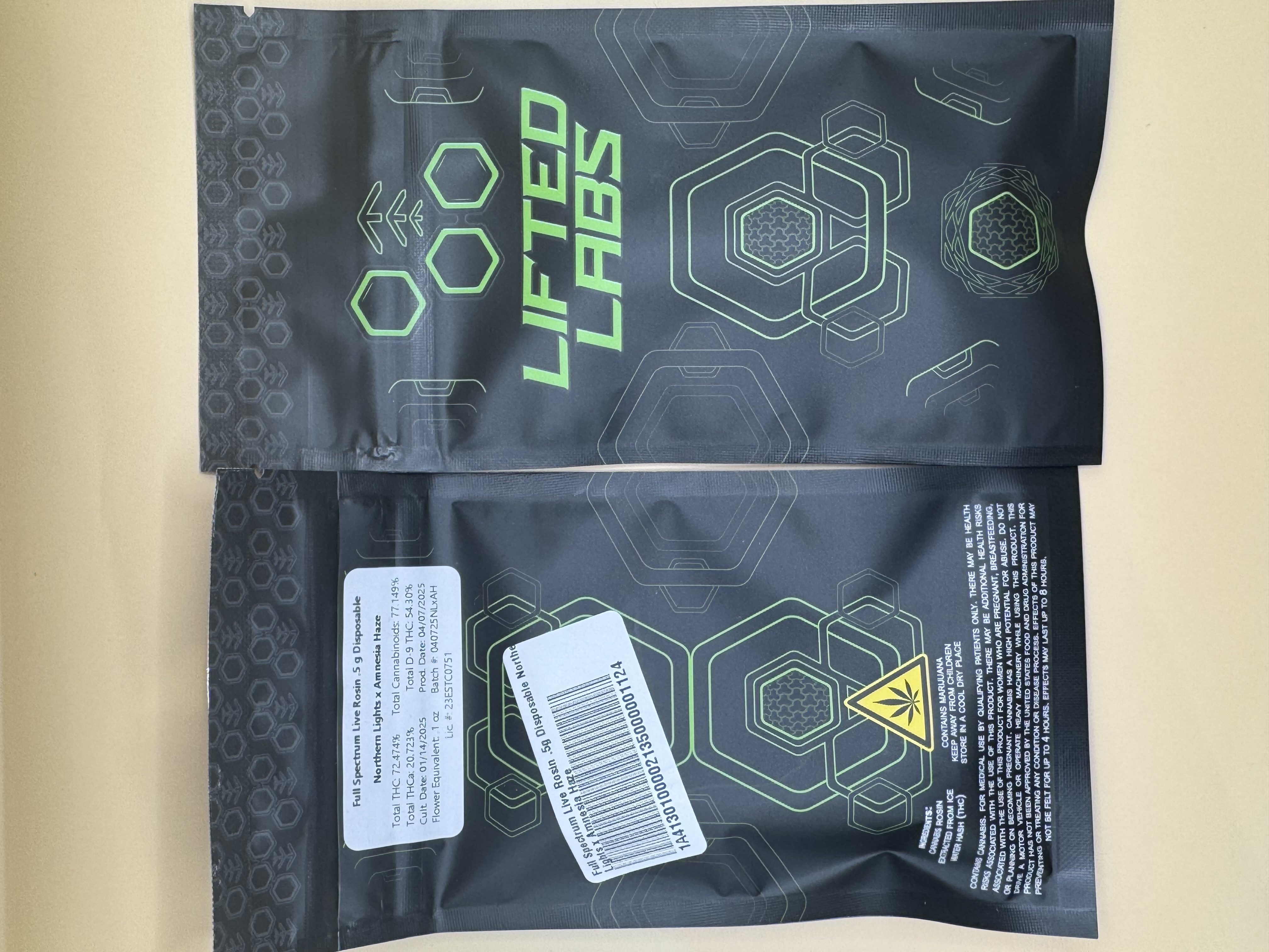 Photograph of product: Lifted Labs Northern Lights x Amnesia Haze Full Spectrum Disposable Live Rosin Cart 0.5g