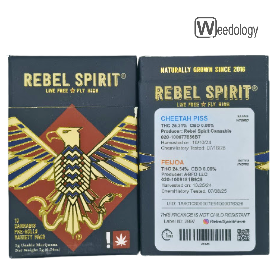 Photograph of product: Rebel Spirit 10pk CHEETAH PISS(S-H)/FEIJOA(S-H) 0.5g Pre-Rolls
