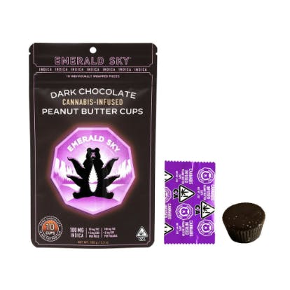 Photograph of product: DARK CHOCOLATE PEANUT BUTTER CUPS | 10PK | 100MG | Oui'd | EMERALD SKY