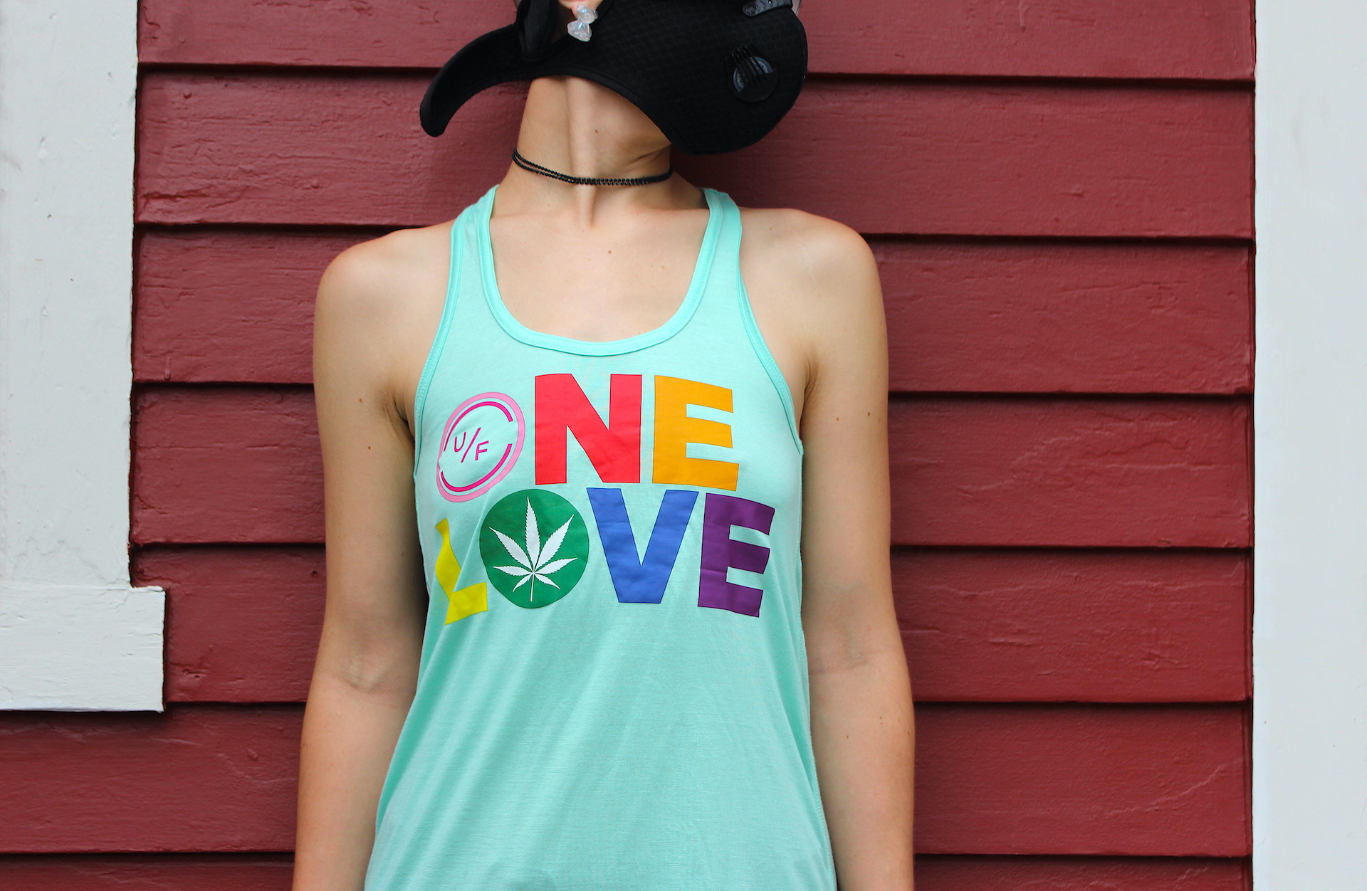 Photograph of product: Urban Farmacy - "ONE LOVE" Mint Flowy Racerback Tank (S-XL)