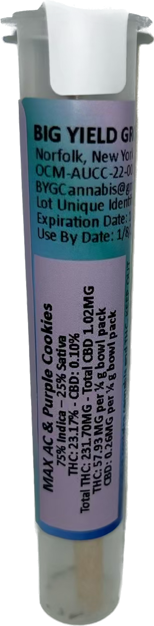 Photograph of product: Big Yield Growers - Pre Rolls - Max AC + Purple Cookies kief infused cone)