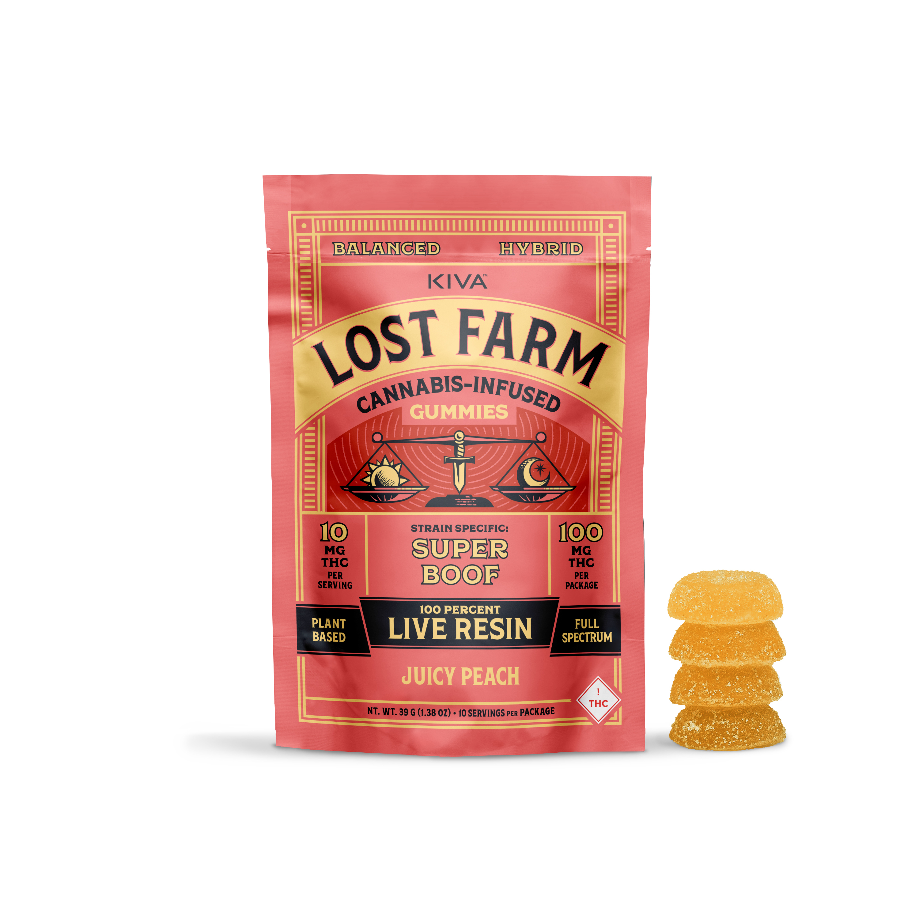 Photograph of product: Lost Farm Gummies Juicy Peach x Super Boof 100mg Resin 10 Pack