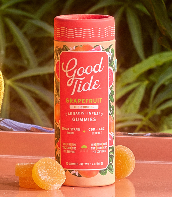 Photograph of product: Good Tide Single-Strain Rosin Gummies 10pk/100mg- Grapefruit (Purple Milk) 1:1:1 (TH-oui:CBD:CBC)