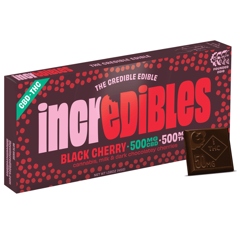 Photograph of product: Incredibles Black Cherry 1:1 TH-oui:CBD Bar 500mg:500mg - MED