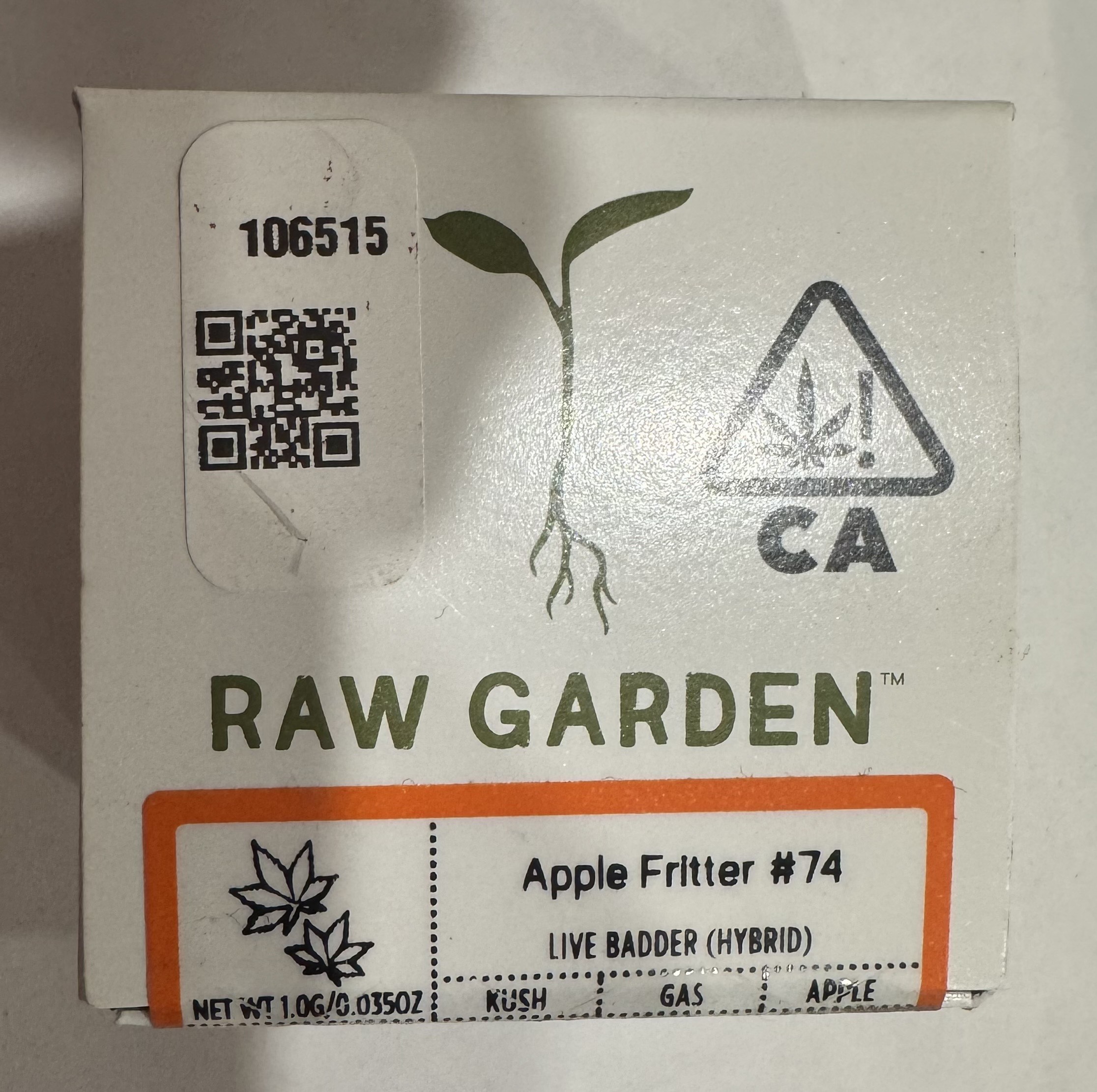 Photograph of product: APPLE FRITTER #74 1G LIVE BADDER EXTRACT - 1 G