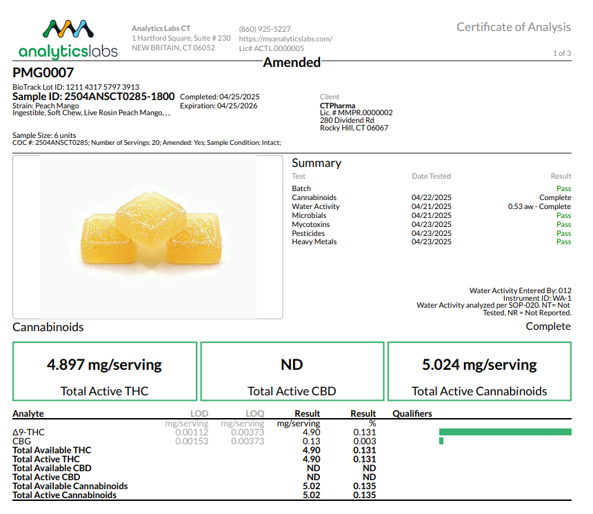 Photograph of product: On The Rocks Live Rosin Peach Mango 20ct Gummies (H) 25838