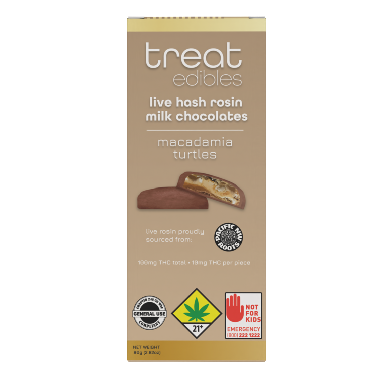 Photograph of product: Macadamia Turtles 10pk 100mg Live au chocolat Rosin Milk Chocolates (Treat Edibles)