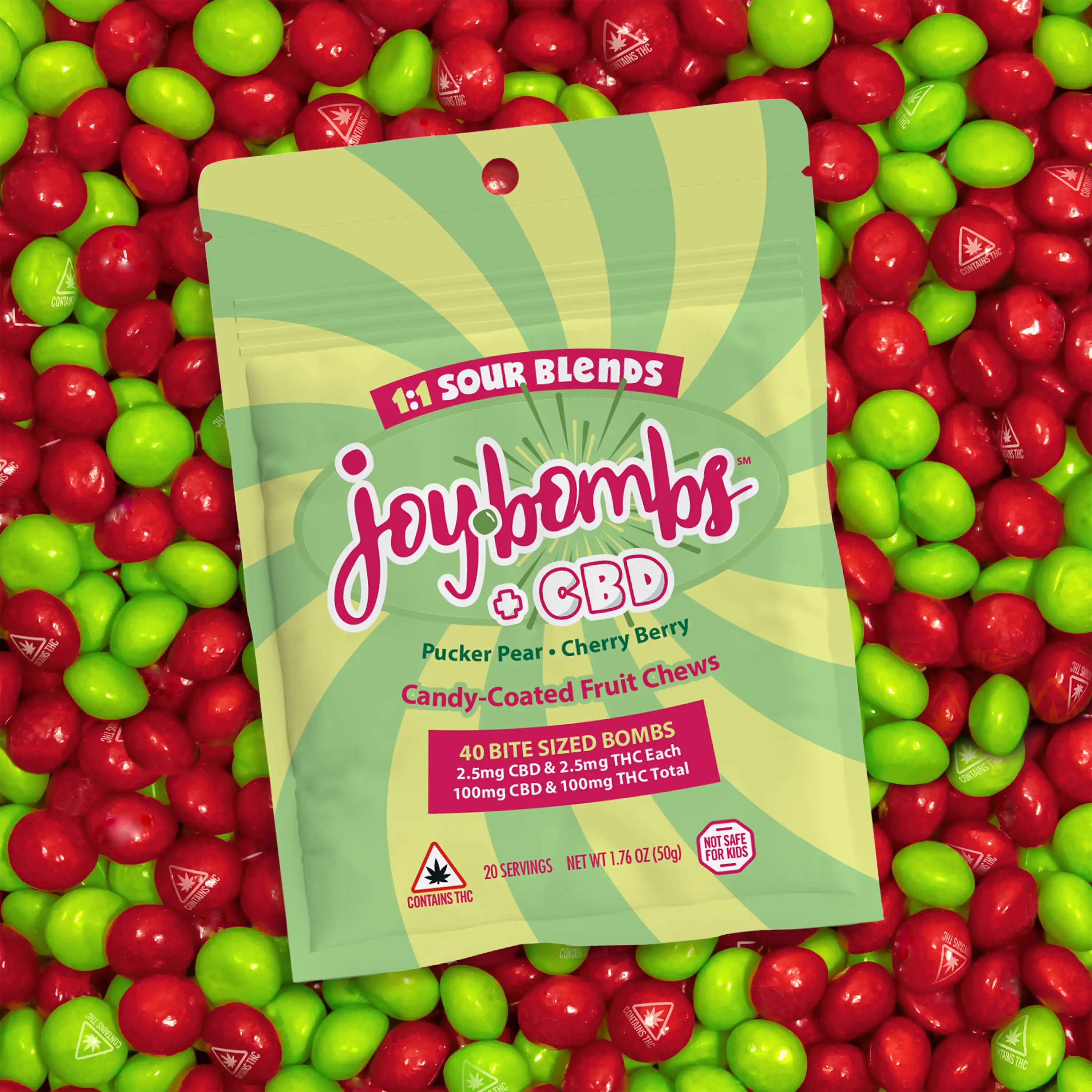 Photograph of product: Joybombs - Sour Blend 1:1 (TH-oui:CBD) - Chews - 100mg