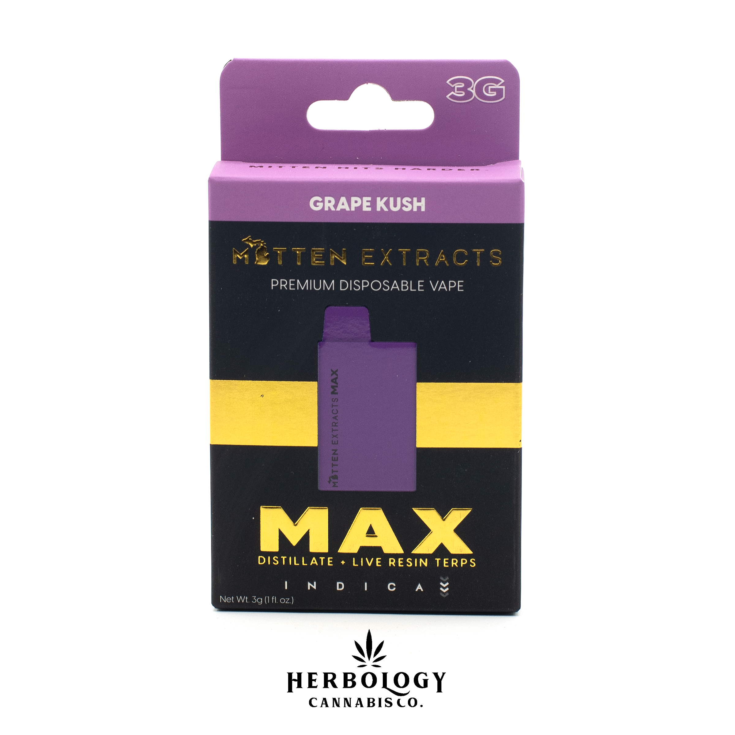 Photograph of product: Mitten Extracts Max | Distillate Disposable Vape | Grape Kush | 3g