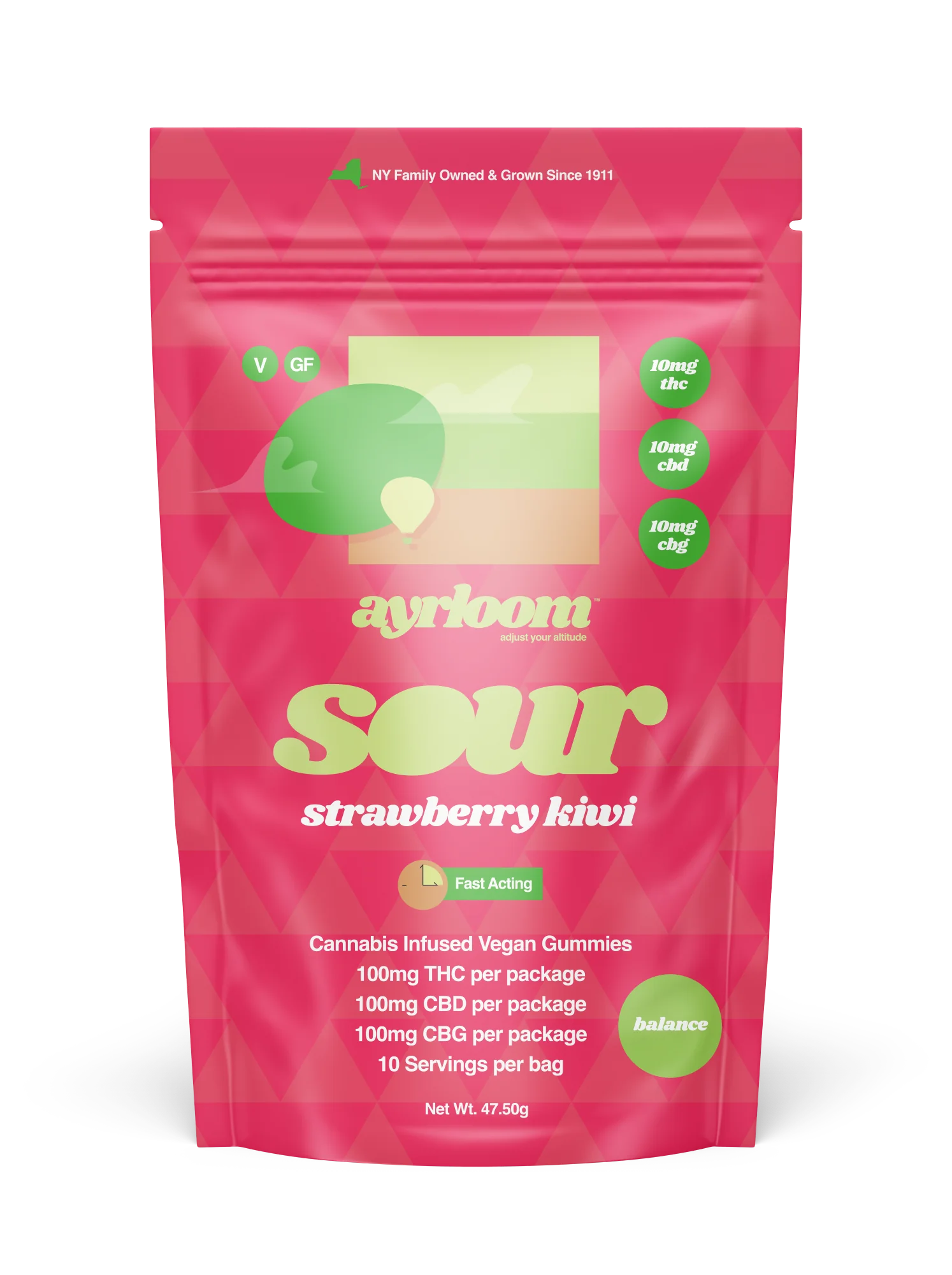 Photograph of product: Ayrloom | Sour Strawberry Kiwi Gummies | 100mg TH-oui 100mg CBD 100mg CBG