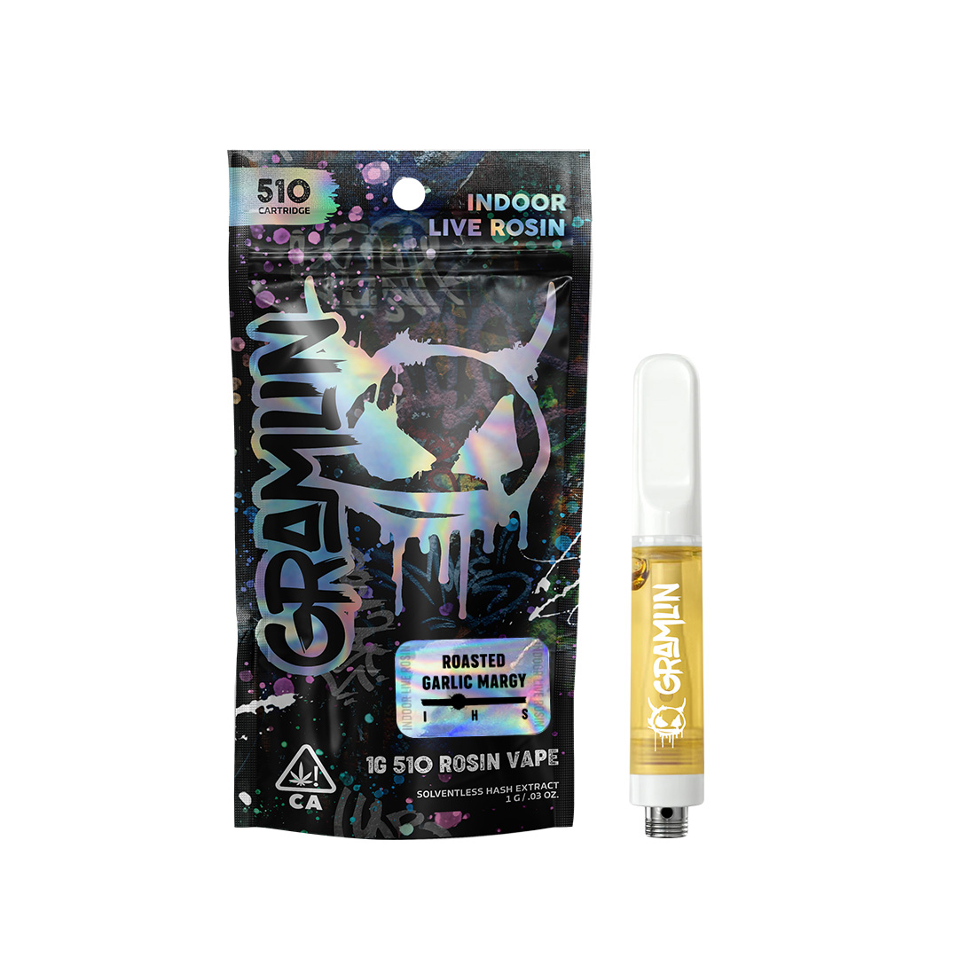 Photograph of product: GRAMLIN LIVE ROSIN 510 VAPE - ROASTED GARLIC MARGY 1G