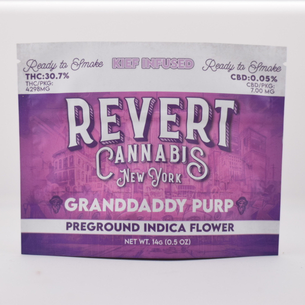 Photograph of product: Revert 14g (0.5oz) Bag Infused Preground Granddaddy Purple- Oui'd 30.7%TH-oui