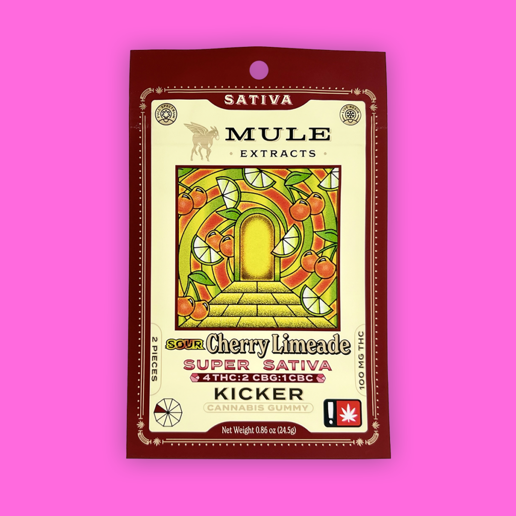 Photograph of product: Edibles: Mule Extracts: Cherry Limeade: 10 pack: 100mg TH-oui: 50mg CBG: 25mg CBC